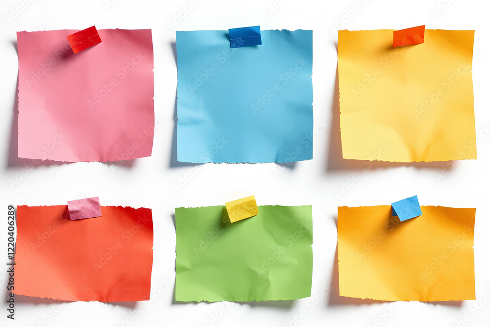 Six colorful paper notes attached to a white background using ...