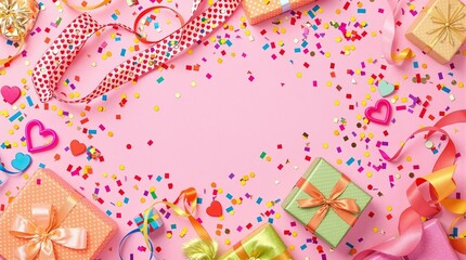 Wall Mural - a cheerful background with brightly wrapped gift boxes, scattered confetti, and ribbons in rainbow c