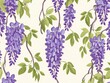 © Yothin - A Seamless Pattern of Purple/Mauve Wisteria Flowers with Green Leaves and Light Brown Stems on a Cream/Off-White Background