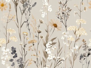 Naklejka na meble A Seamless Pattern of Various Wildflowers in Pastel Shades of Purple, White, and Cream/Yellow with Light Green/Light Brown Stems and Leaves on a Cream/Off-White Background