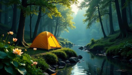 dense foliage surrounds a tent near a tranquil river, forest, serenity, lily