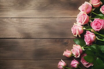 Wall Mural - Pink roses arranged on a dark wooden table, creating a romantic and elegant setting