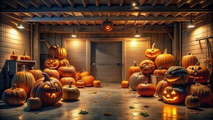 pumpkins aglow in a dimly lit halloween garage, halloween decor, eerie lighting