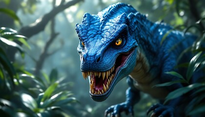 Fierce Blue Raptor Dinosaur Jungle Setting Vivid Artwork