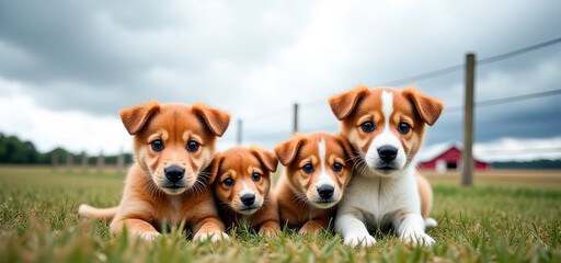 Wall Mural - Four puppies are laying on the grass in a field