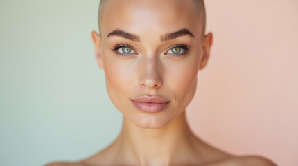 young beautiful woman with shaved head, bald woman, pastel double background