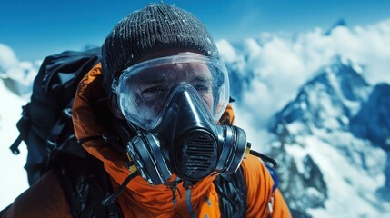a mountaineer wearing an oxygen mask while ascending a peak, adjusting to the thin air at extreme al