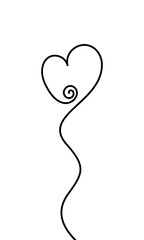 Wall Mural - Heart on vertical wavy line with decorative curl, Continuous line drawing, Black and white vector minimalist illustration of love concept made of one line