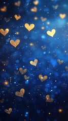 A stunning and magical background featuring sparkling dark blue hearts and radiant gold stars scattered across a deep blue gradient with soft highlights