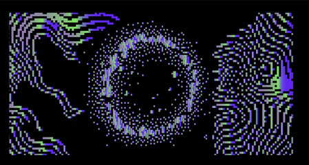 Aufkleber - Abstract irregular glitched texture of a holographic pixel arrangement on a dark background. Technology futuristic backdrop.
