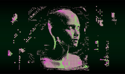 Aufkleber - Distorted and disintegrated image of human face made of pixel particles. Retrofuturistic vector illustration for tech and programming themes.