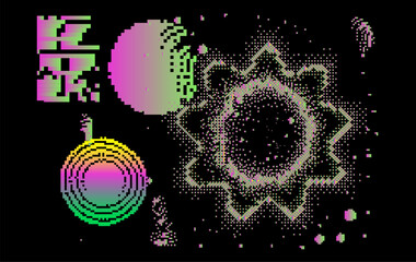 Wall Mural - abstract irregular glitched texture of a holographic pixel arrangement on a dark background. technol
