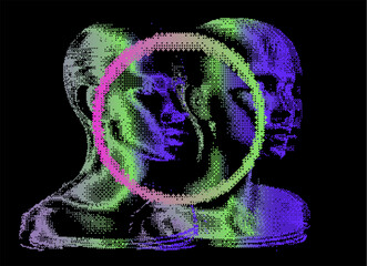 Aufkleber - Distorted and disintegrated image of human face made of pixel particles. Retrofuturistic vector illustration for tech and programming themes.