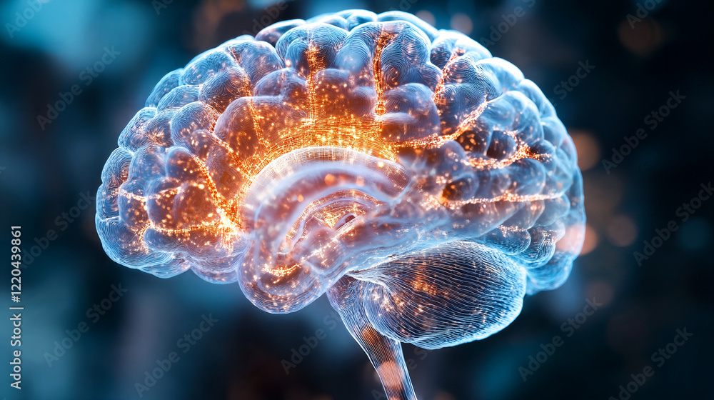 glowing digital illustration of human brain cross section with neural ...