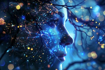 Wall Mural - profile of woman with neural network, symbolizing artificial intelligence, bio tech and future of te