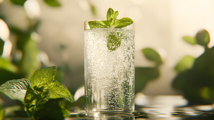 Wall Mural - A refreshing sparkling water with tiny bubbles rising, served in a clear glass with a mint garnish.