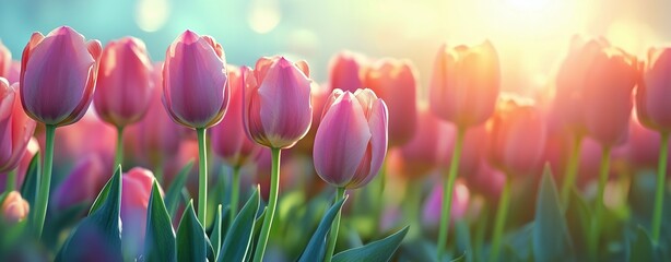 Wall Mural - Pink tulips in full bloom under morning sunlight in a garden setting