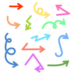  Hand drawn arrow vector icons set. Sketch arrow design for business plan and education. Set of colorful arrows icons. Circle arrows, rotate arrow, redo process symbol.