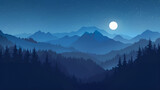 Nastrojowy górski krajobraz nocą z pełnią księżyca – ilustracja w odcieniach niebieskiego.