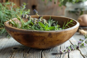 Wall Mural - Aromatic herbs like rosemary, thyme, lavender, and sage, freshly harvested and placed in a wooden bowl, ready for culinary or medicinal use