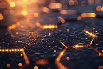 Wall Mural - abstract background showing hexagonal shapes glowing with orange lights, creating a futuristic and t