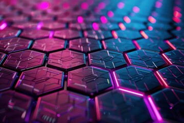 Wall Mural - geometric background with hexagons glowing in neon pink and blue, creating a futuristic technologica
