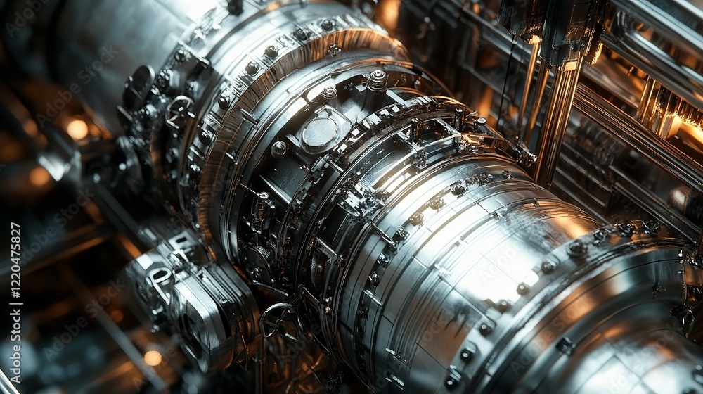 Closeup of an early model jet engine with its complex inner workings ...