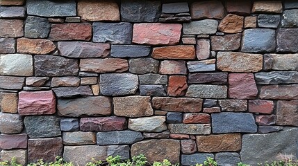 Wall Mural - Colorful stone wall with greenery at the base