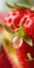 Wall Mural - A close-up image of a ripe strawberry with green leaves and a glistening water drop on the surface, macro, sweet, natural