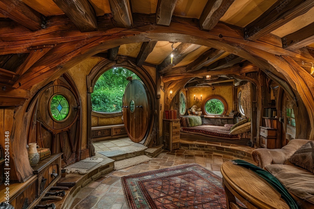 Warm sunlight illuminating a cozy hobbit style home interior with a ...