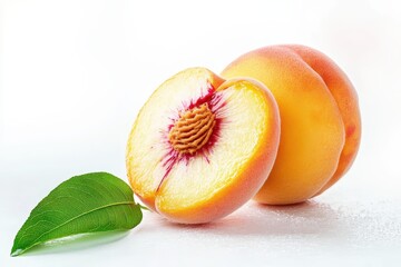 Wall Mural - Juicy peach halved, studio shot, white background, refreshing