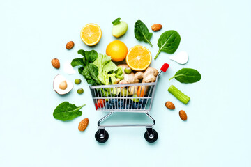 Wall Mural - A shopping cart filled with fresh vegetables, fruits, nuts, and greens, set against a light blue background.