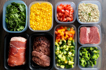 Wall Mural - A colorful assortment of meal prep ingredients, including greens, vegetables, grains, and meats, arranged in clear containers on a wooden surface.