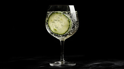 Wall Mural - A sparkling water with bubbles rising from the bottom, served in a chilled glass with a slice of cucumber for a cool, refreshing taste.