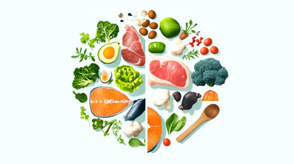 Wall Mural - A colorful assortment of healthy foods, including vegetables, fruits, meats, and nuts, arranged in a circular design emphasizing balanced nutrition.