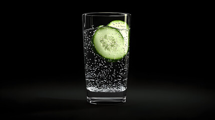 Wall Mural - A sparkling water with delicate bubbles rising, served in a tall glass with a slice of cucumber for a refreshing touch.