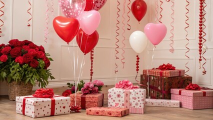 Wall Mural - gift box with red hearts