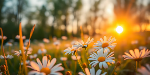 Wall Mural - Peaceful closeup white chamomiles daisies background. Beautiful nature flowers. Abstract sunset field landscape of grass meadow on warm golden hour sunset sunrise time. Tranquil natural spring summer