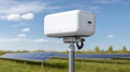 clean energy solar policy concept. Modern solar panel monitoring device on a pole in a green field with blue skies.