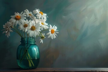 Wall Mural - White daisies in a blue vase sit on a wooden surface against a softly textured backdrop, creating a tranquil still life