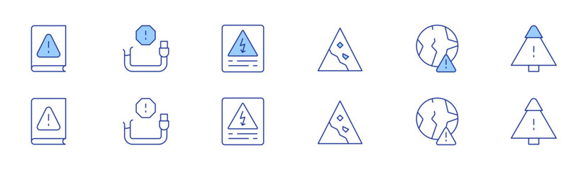 Risk icon set in two styles, Duotone and Thin Line style. Editable stroke. landslide, emergency, guidebook, snow, broken cable, high voltage