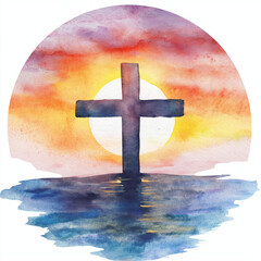 Wall Mural - Logo cross sunrise watercolor minimalist