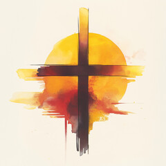 Wall Mural - Logo cross sunrise watercolor minimalist