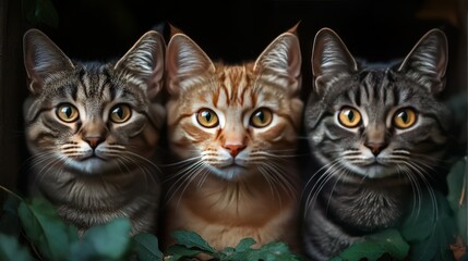 Naklejka na meble Three cats posing, garden backdrop, pet portrait