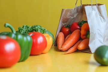 Wall Mural - Fresh vegetables spilling from paper bag on yellow background