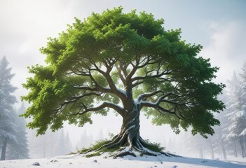 Sticker - A majestic tree with an abundance of green leaves towers above a snowy white background, tree, botanical