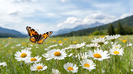 Wall Mural - butterfly gracefully flutters over meadow filled with wildflowers, creating serene scene