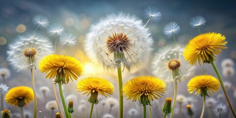 A field of vibrant yellow dandelions and fluffy white seed heads backlit by a soft sunlit haze