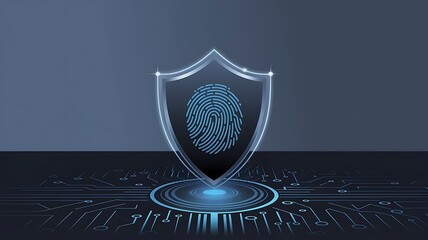 Cybersecurity Shield: A futuristic digital shield with a glowing fingerprint at its center, rests on a circuit board, symbolizing advanced data protection and biometric security.