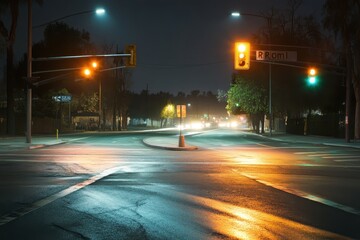 nighttime city intersection, empty street, traffic lights, suburban background, website banner